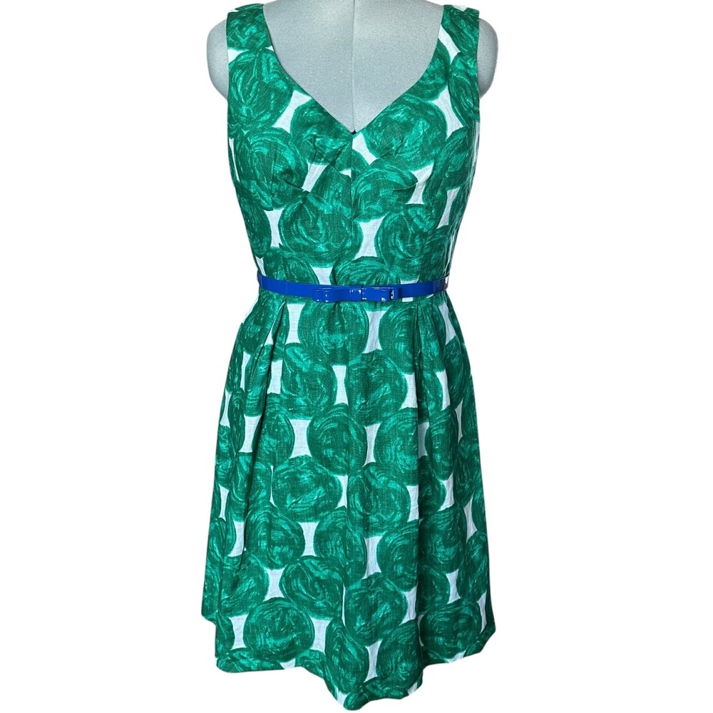ModCloth Green White Swirl 100% Linen Dress Sleeveless‎ Blue Belt Womens Large